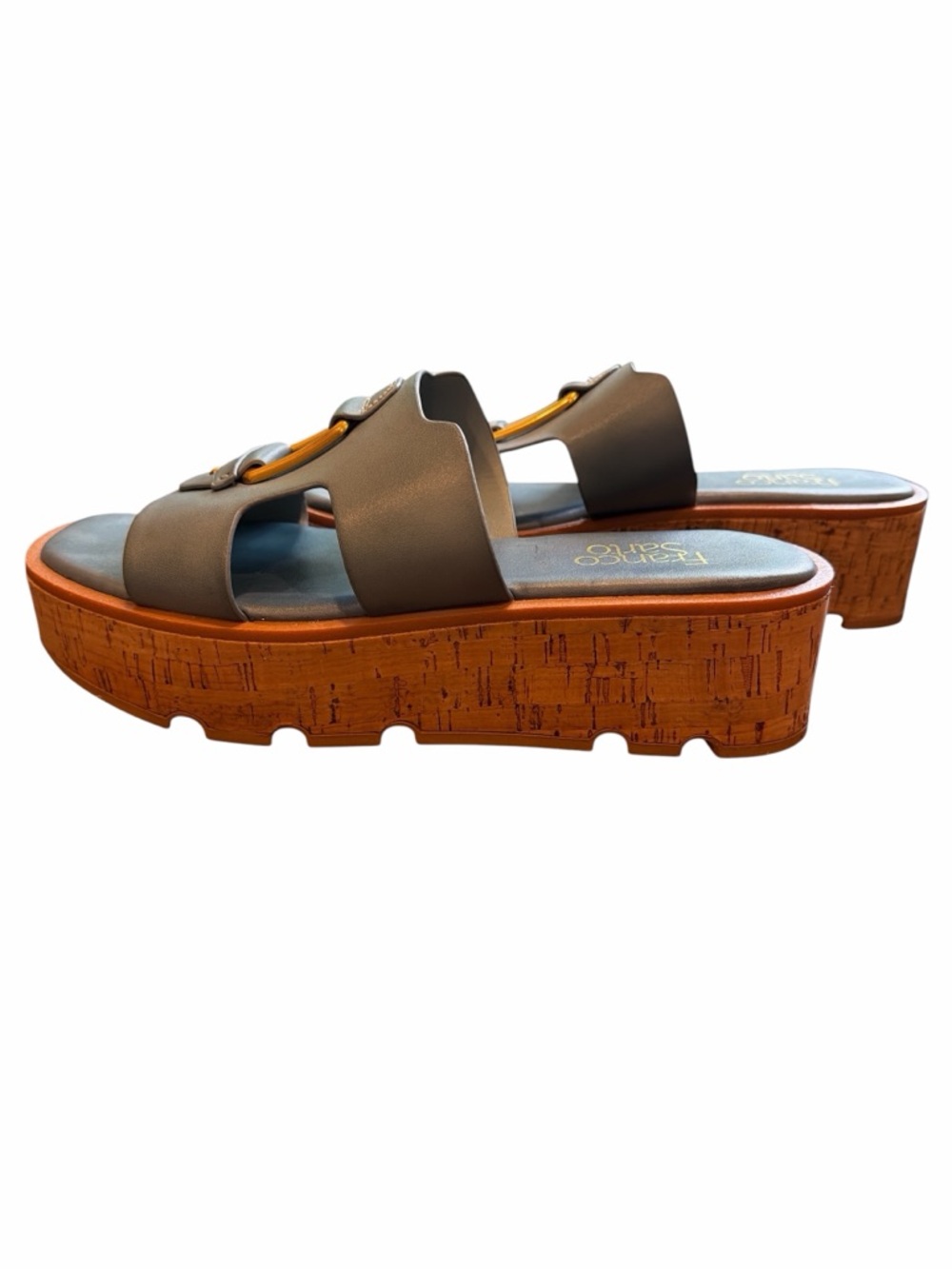 Franco Sarto Platform Slide Sandals Sz 8 Gray Leather Cork Sole 2” Heel Comfort - Picture 8 of 11